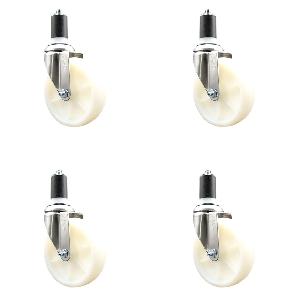 Nylon Swivel Stem Caster with 5 in. White Caster Wheels, 1.5 in. Expanding Stems - 316 Stainless Steel Casters - Set of 4