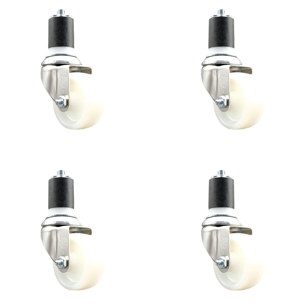 Nylon Swivel Stem Caster with 3 in. White Caster Wheels, 1.75 in. Expanding Stems - 316 Stainless Steel Casters - Set of 4