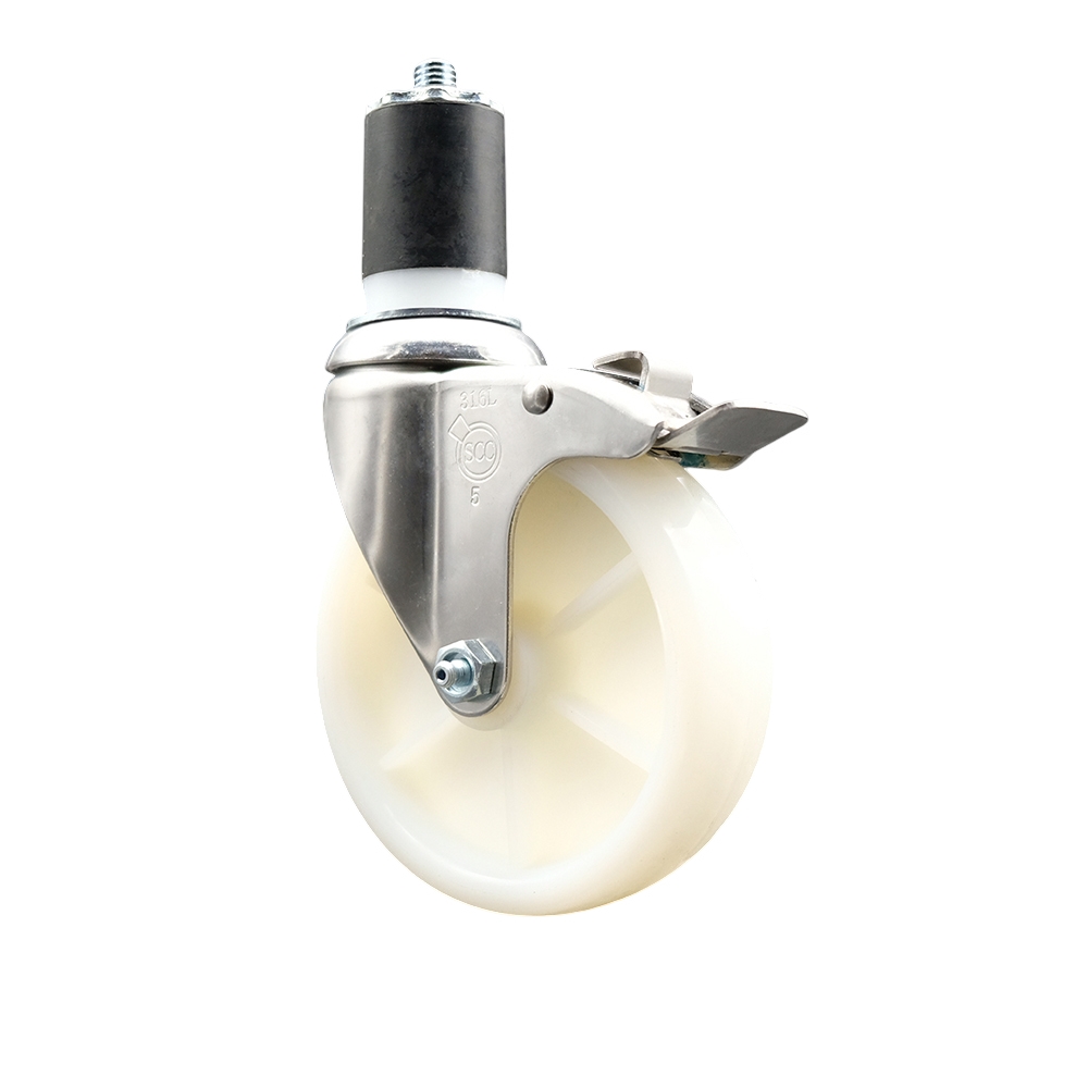 Nylon Swivel Stem Caster with 5 in. White Caster Wheel & Total Lock Brake, 1.87 in. Expanding Stem - 316 Stainless Steel Caster