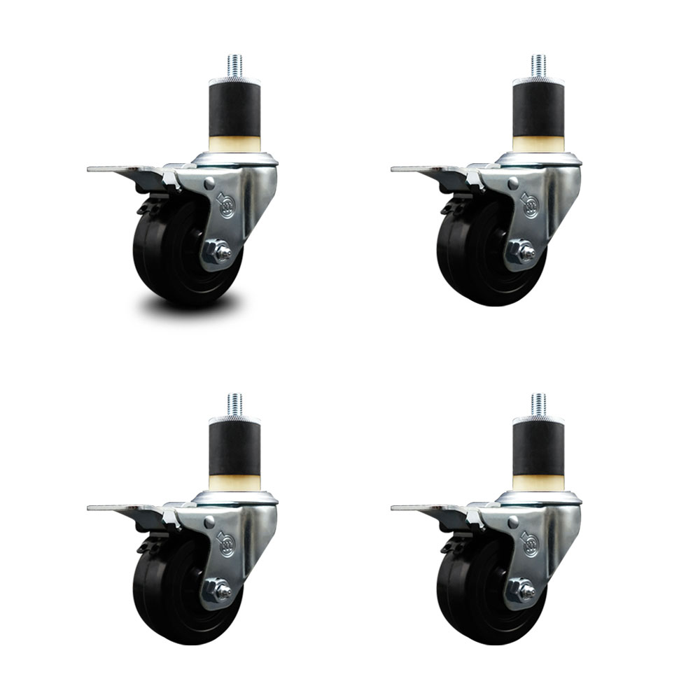 Stainless Steel Soft Rubber Swivel Expanding Stem Caster with 3 in. Black Wheels & 1.87 in. Stems, 4 Swivel with Total Locking Brakes - Set of 4