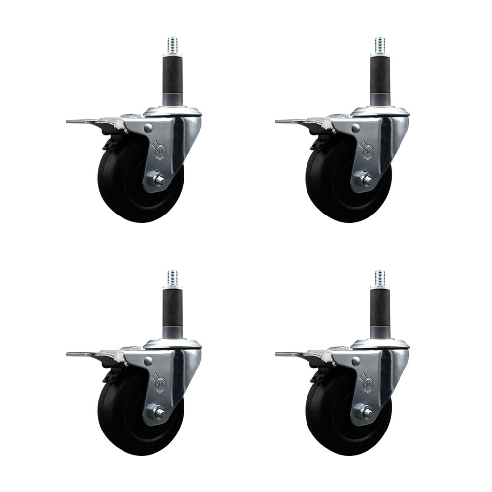 Stainless Steel Soft Rubber Swivel Expanding Stem Caster with 3.5 in. Black Wheels & 1 in. Stems, 4 Swivel with Total Locking Brakes - Set of 4