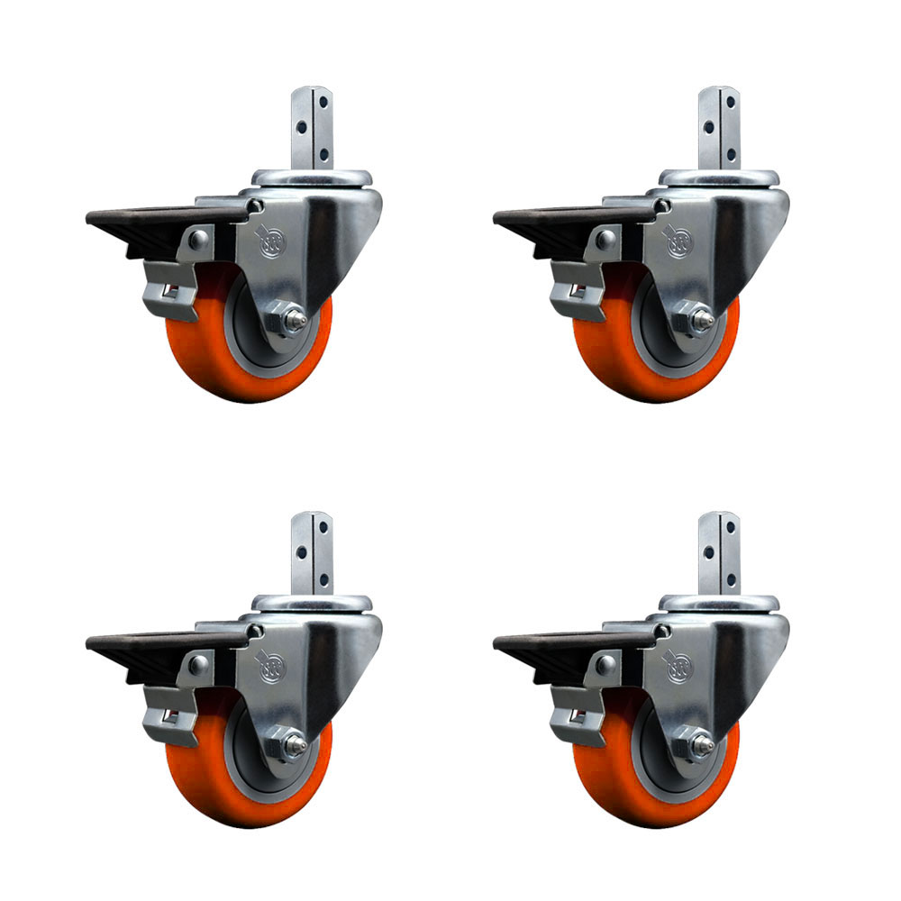 Swivel Square Stem Caster with 3 x 1.25 in. Orange Poly Wheel, 0.75 x 2 in. Square Stem with 3 0.26 in. Diameter Mounting Holes - Set of 4