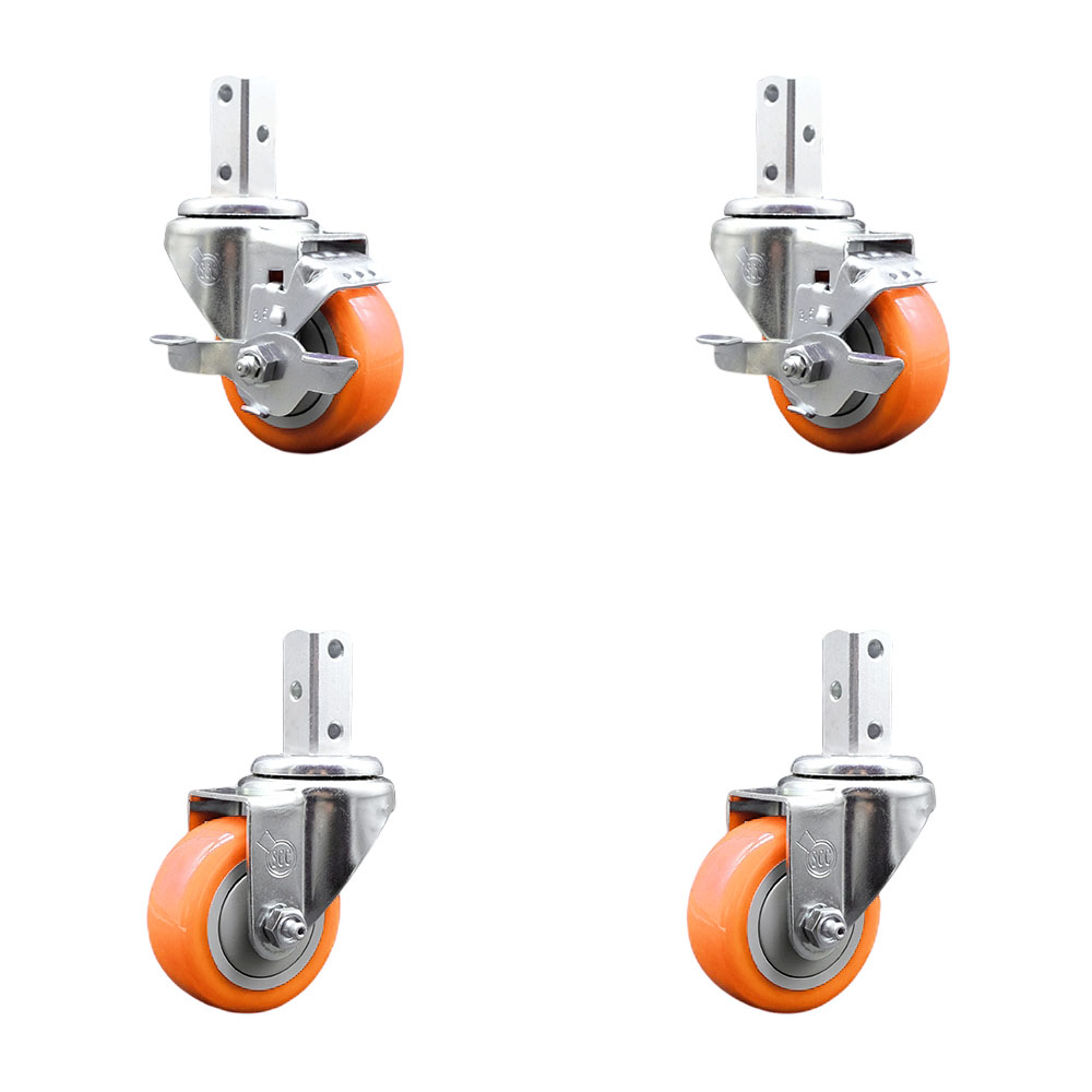 Swivel Square Stem Caster with 3.5 x 1.25 in. Orange Poly Wheel, 0.75 x 2 in. Square Stem with 3 0.26 in. Diameter Mounting Hole - Set of 4