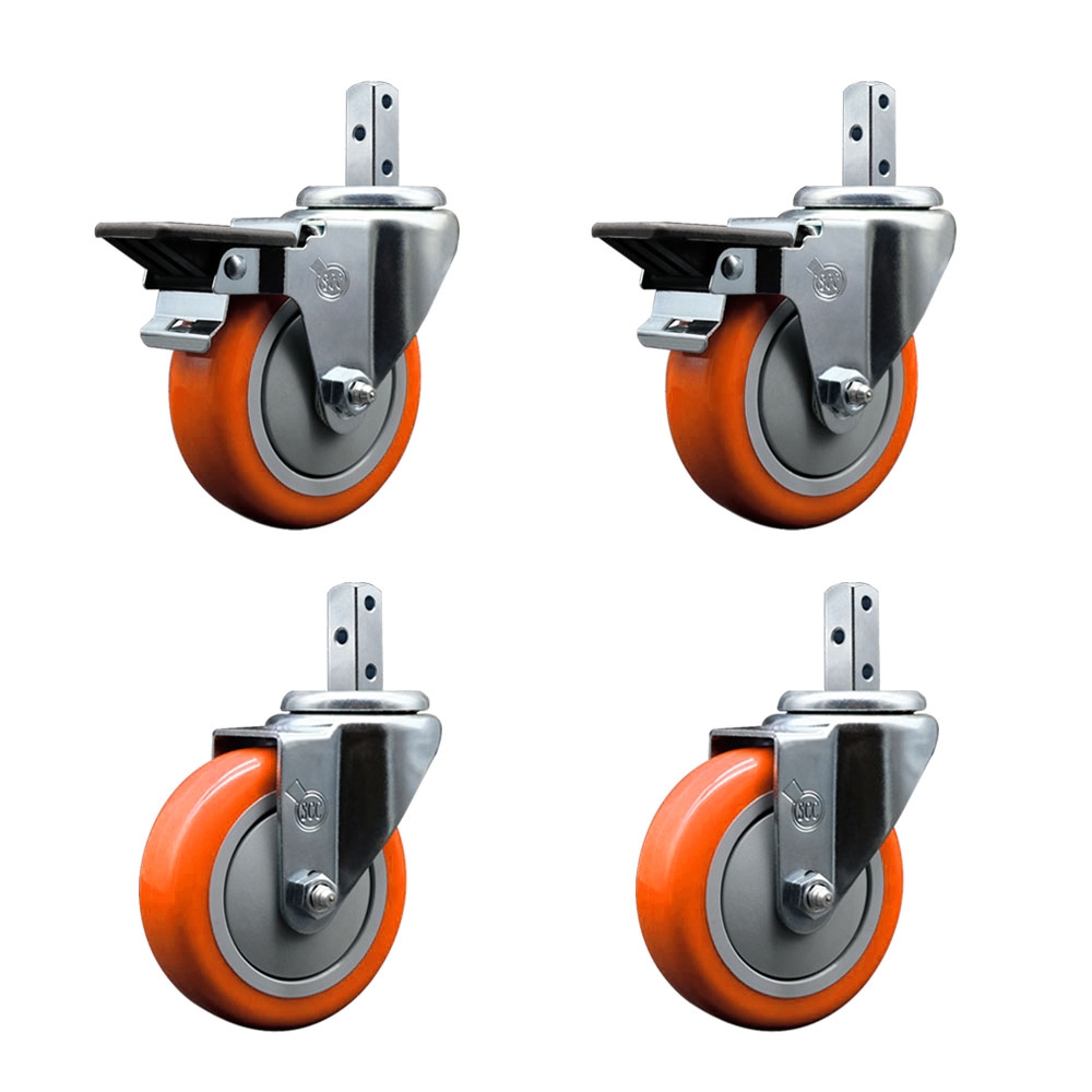 Swivel Square Stem Caster with 4 x 1.25 in. Orange Poly Wheel, 0.87 x 2 in. Square Stem with 3 0.26 in. Diameter Mounting Holes - Set of 4