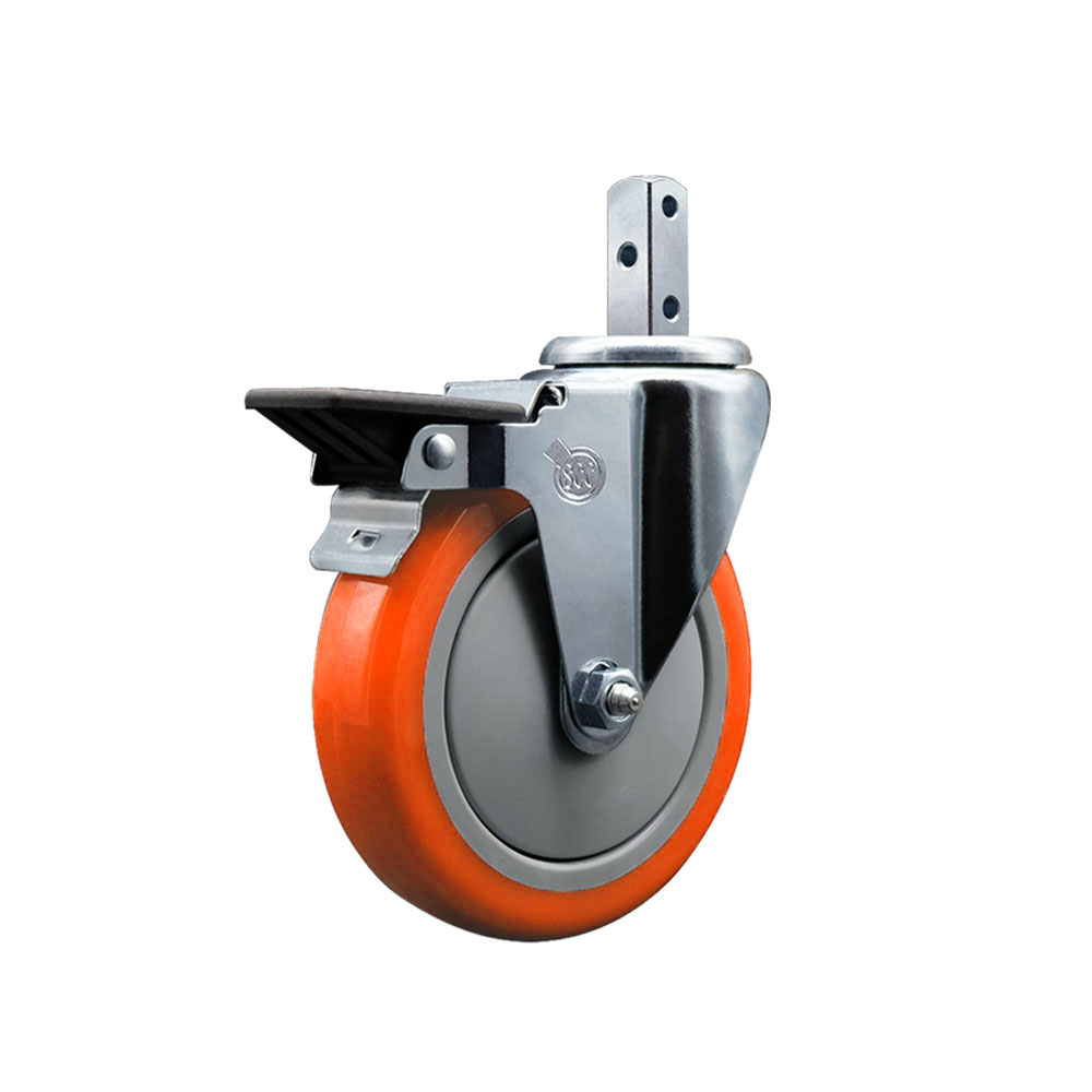 Swivel Square Stem Caster with 5 x 1.25 in. Orange Polyurethane Wheel, 0.87 x 2 in. Square Stem with 3 0.26 in. Diameter Mounting Holes