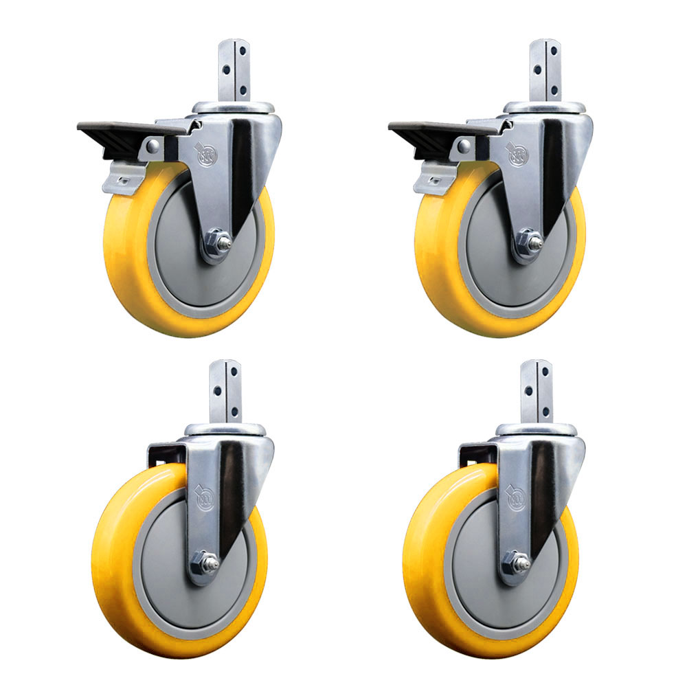 Swivel Square Stem Caster with 5 x 1.25 in. Yellow Poly Wheel, 0.87 x 2 in. Square Stem with 3 0.26 in. Diameter Mounting Holes - Set of 4