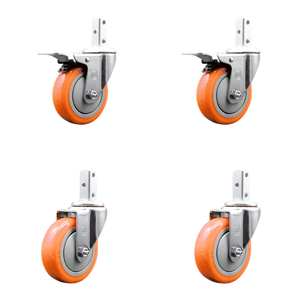 Swivel Square Stem Caster with 4 x 1.25 in. Orange Poly Wheel, 0.75 x 2 in. Square Stem with 3 0.26 in. Diameter Mounting Holes - Set of 4