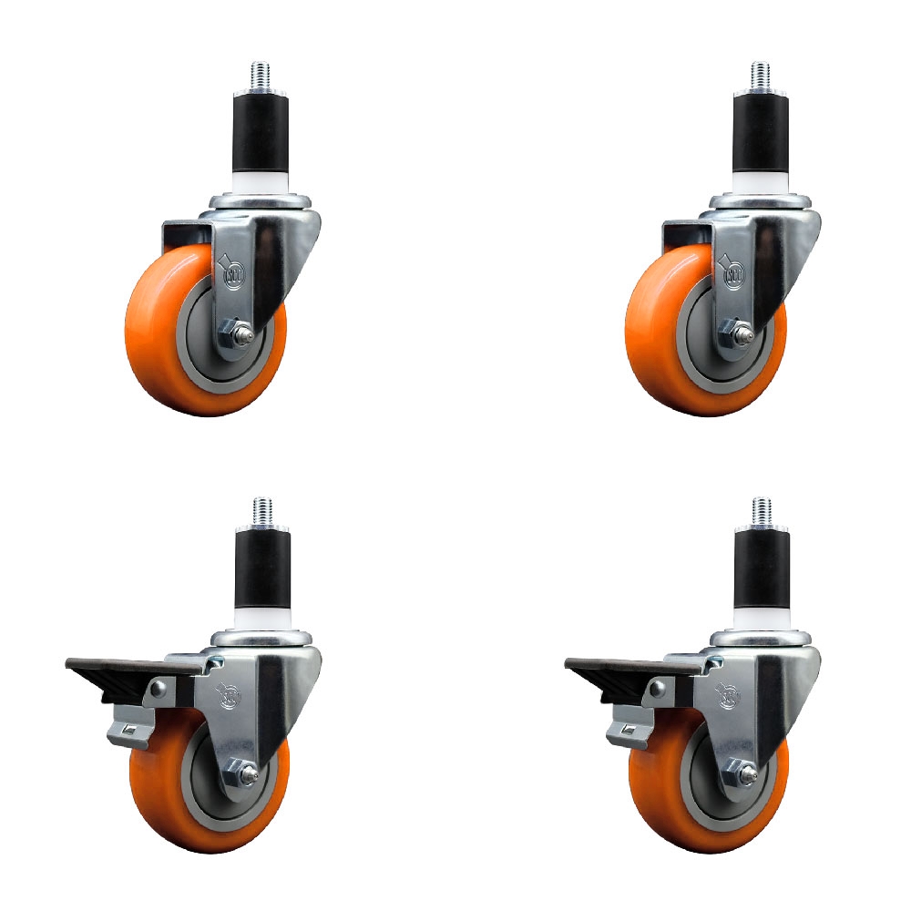 SCC-EX20S3514-PPUB-ORG-2-PLB-2-112 Polyurethane Swivel Expanding Stem Caster with 3.5 in. Orange Wheels & 1.5 in. Stems - Set of 4