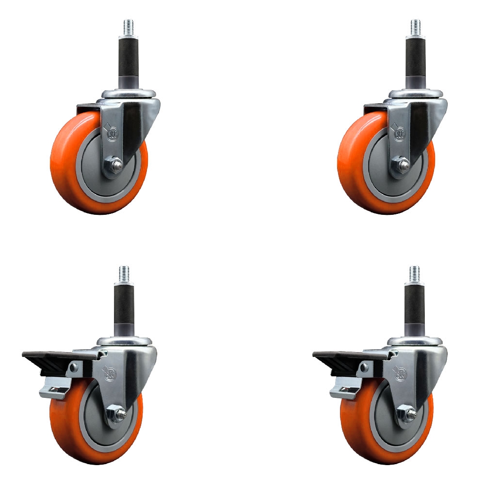 SCC-EX20S414-PPUB-ORG-2-PLB-2-1 Polyurethane Swivel Expanding Stem Caster with 4 in. Orange Wheels & 1 in. Stems - Set of 4