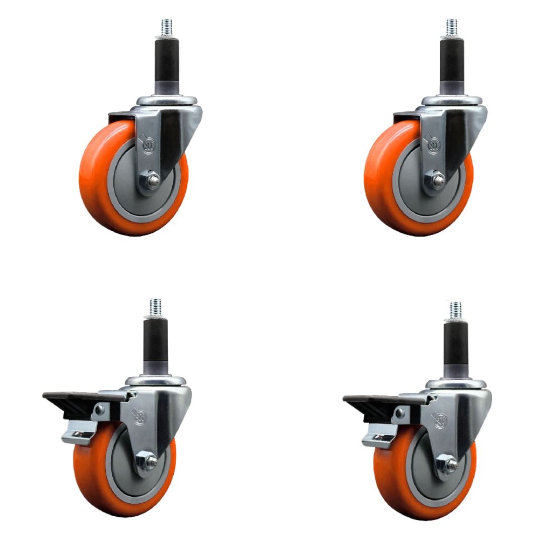 SCC-EX20S414-PPUB-ORG-2-PLB-2-118 Polyurethane Swivel Expanding Stem Caster with 4 in. Orange Wheels & 1.13 in. Stems - Set of 4