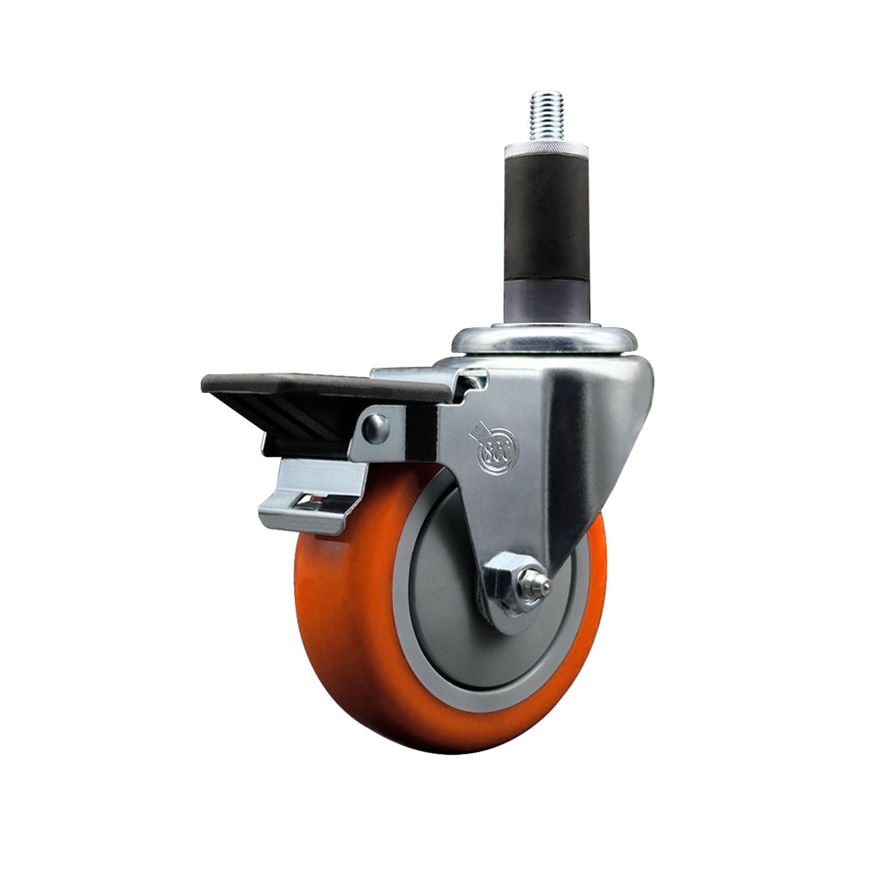 SCC-EX20S414-PPUB-ORG-PLB-114 Polyurethane Expanding Stem Swivel Caster with 4 in. Orange Wheel & 1.25 in. Stem & Posi Locking Brake