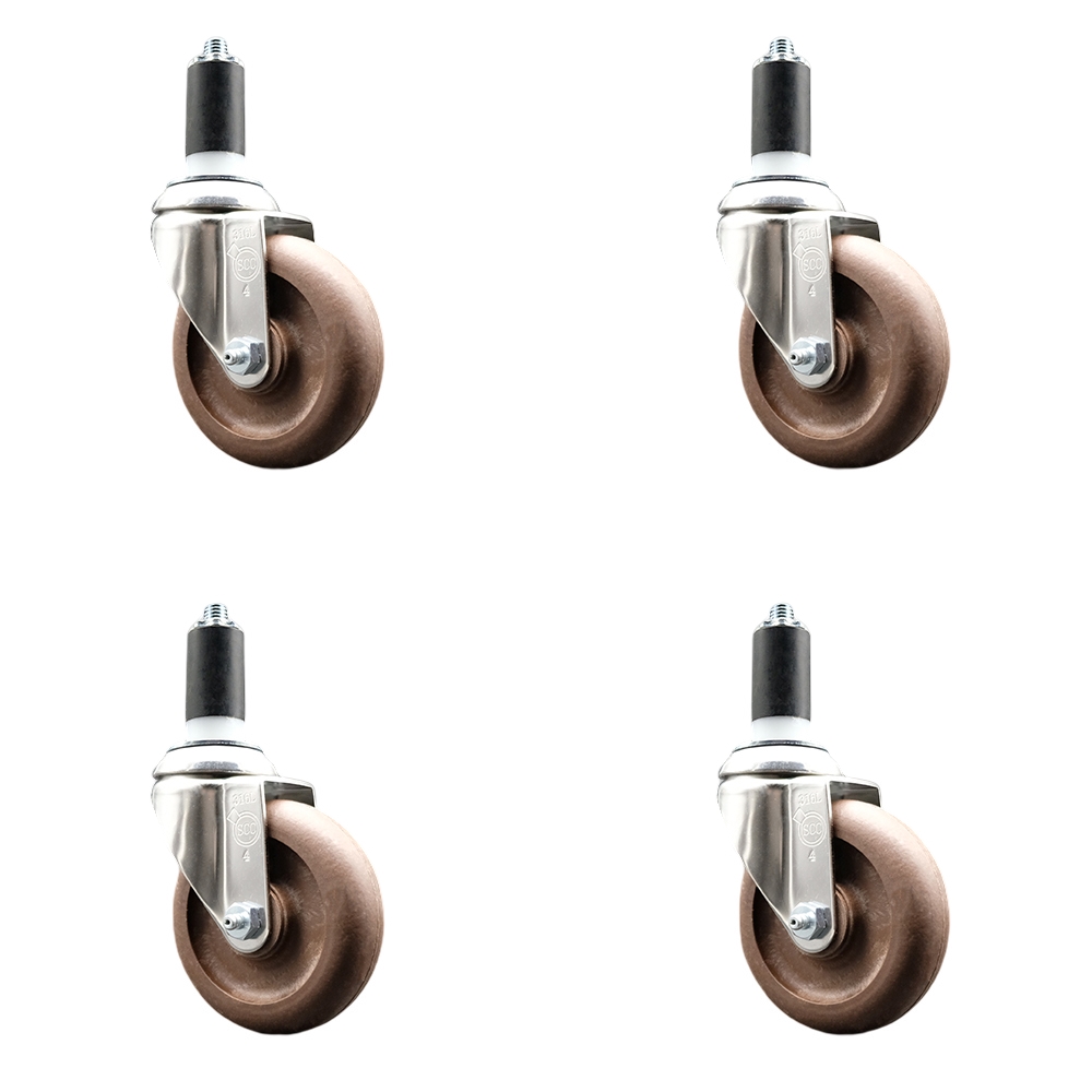 High Temperature Glass Filled Nylon Swivel Stem Caster with 4 in. Brown Caster Wheel, - 316 Stainless Steel Casters - Set of 4