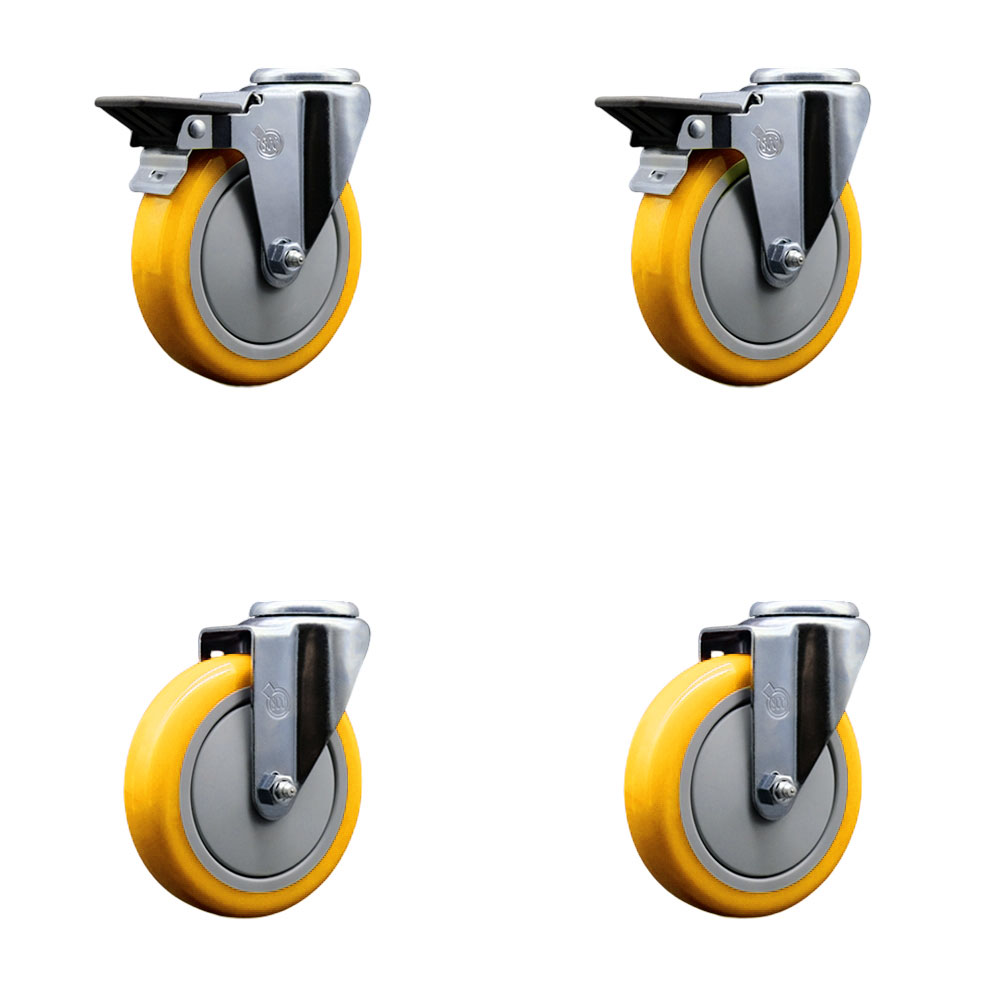 SCC-BH20S514-PPUB-YEL-PLB-2-S-2 Polyurethane Swivel Bolt Hole Caster with 5 x 1.25 in. Yellow Wheels - Set of 4