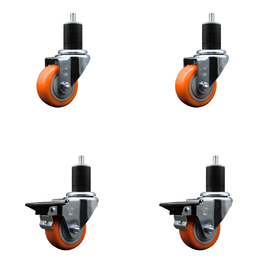 SCC-EX20S314-PPUB-ORG-2-PLB-2-134 Polyurethane Swivel Expanding Stem Caster with 3 in. Orange Wheels & 1.75 in. Stems - Set of 4