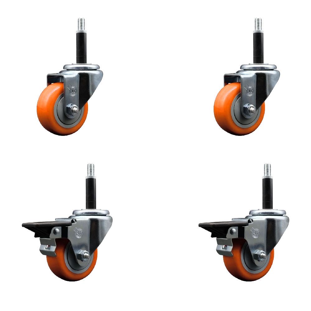 SCC-EX20S314-PPUB-ORG-2-PLB-2-34 Polyurethane Swivel Expanding Stem Caster with 3 in. Orange Wheels & 0.75 in. Stems - Set of 4