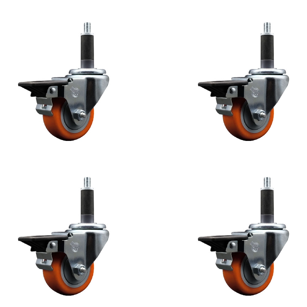 Polyurethane Swivel Expanding Stem Caster with 3 in. Orange Wheels & 1 in. Stems - Set of 4
