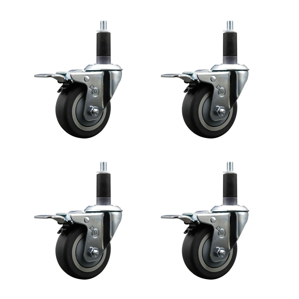 Thermoplastic Rubber Swivel Expanding Stem Caster with 3.5 in. Gray Wheels & 1.13 in. Stems 4 Swivel with Total Locking Brakes - Set of 4