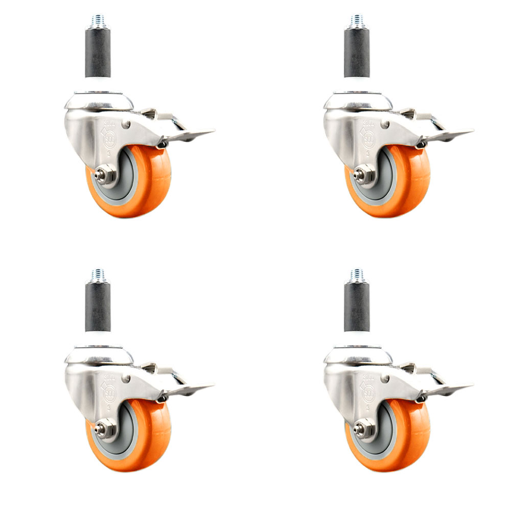 Polyurethane Swivel Stem Caster with 3 in. Orange Caster Wheels, 1.13 in. Expanding Stems - 316 Stainless Steel Casters - Set of 4