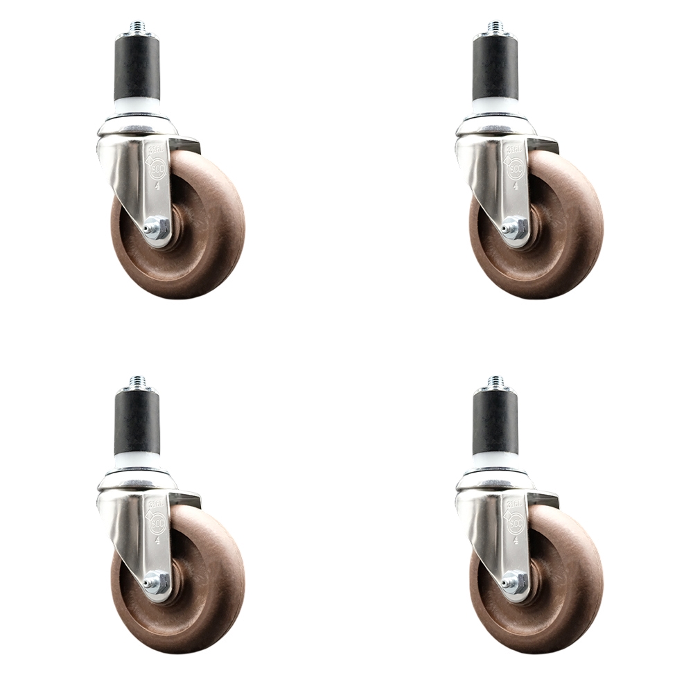 High Temperature Glass Filled Nylon Swivel Stem Caster with 4 in. Brown Caster Wheel- 316 Stainless Steel Casters - Set of 4