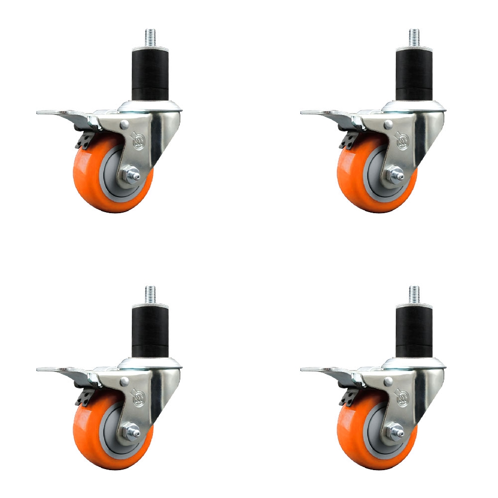 Polyurethane Swivel Stem Caster with 3 in. Orange Caster Wheels, 1.75 in. Expanding Stems - 316 Stainless Steel Casters - Set of 4