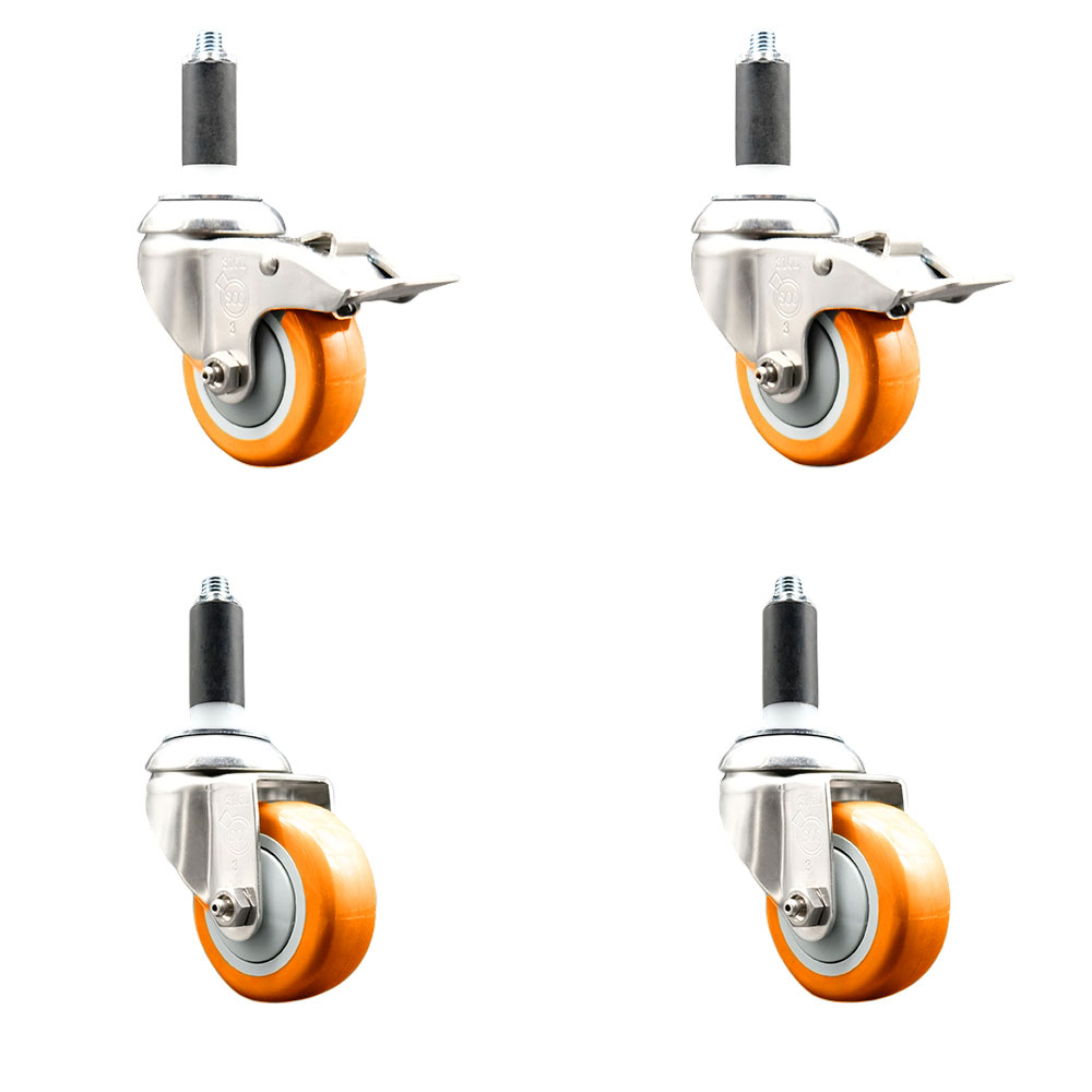 Polyurethane Swivel Stem Caster with 3 in. Orange Caster Wheels, 1.13 in. Expanding Stem - 316 Stainless Steel Casters - Set of 4