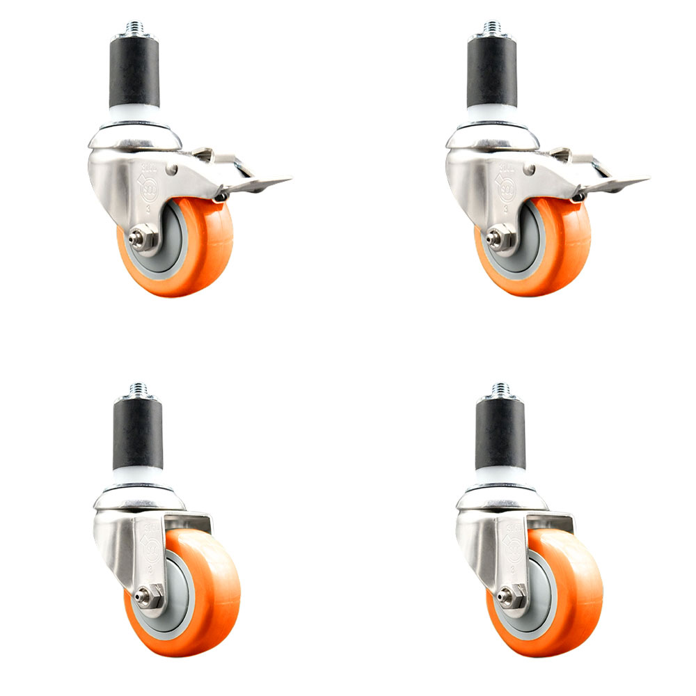 Polyurethane Swivel Stem Caster with 3 in. Orange Caster Wheels, 1.63 in. Expanding Stem - 316 Stainless Steel Casters - Set of 4