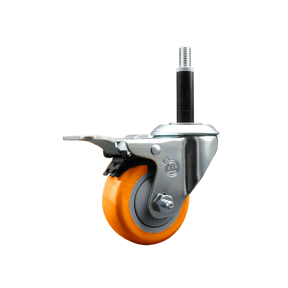 Polyurethane Swivel Stem Caster with 3 in. Orange Caster Wheels & Total Lock Brake, 0.75 in. Expanding Stem - 316 Stainless Steel Caster