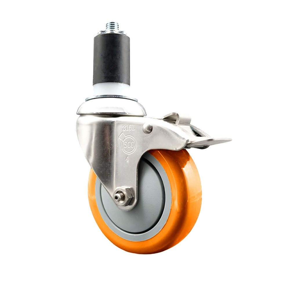 Polyurethane Swivel Stem Caster with 4 in. Orange Caster Wheels & Total Lock Brake, 1.63 in. Expanding Stem - 316 Stainless Steel Caster