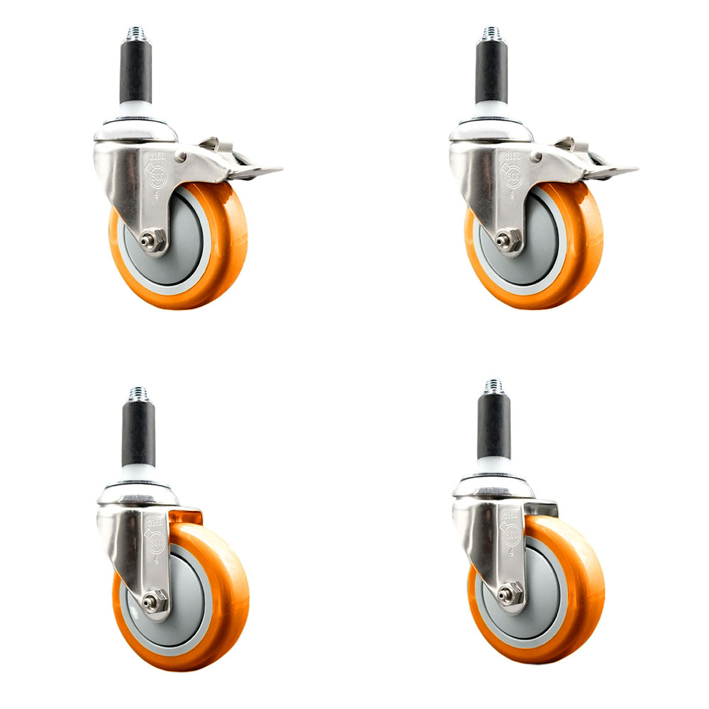 Polyurethane Swivel Stem Caster with 4 in. Orange Caster Wheels, 1 in. Expanding Stem - 316 Stainless Steel Casters - Set of 4