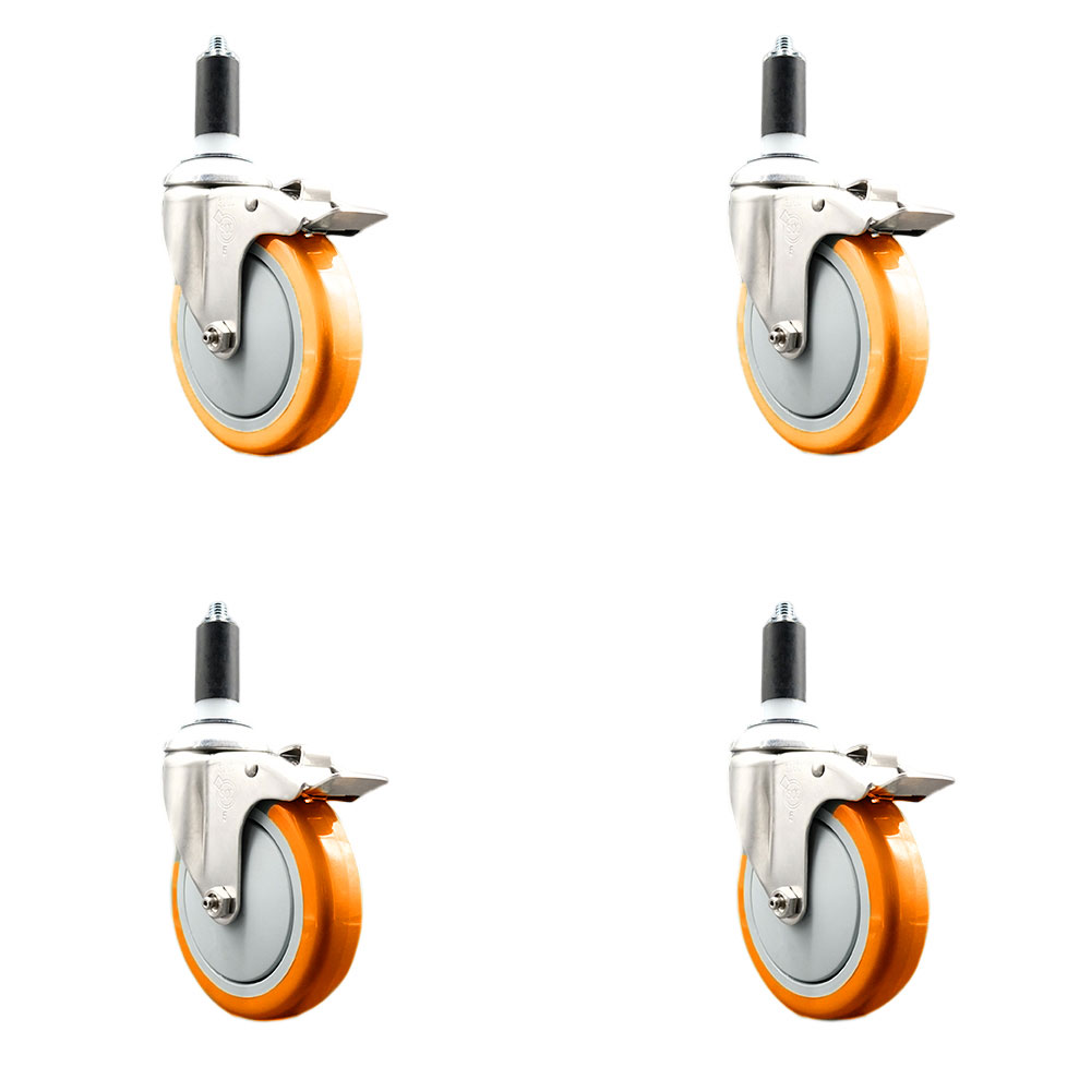 Polyurethane Swivel Stem Caster with 5 in. Orange Caster Wheels, 1.25 in. Expanding Stems - 316 Stainless Steel Casters - Set of 4