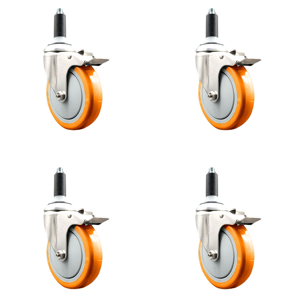 Polyurethane Swivel Stem Caster with 5 in. Orange Caster Wheels, 1.13 in. Expanding Stems - 316 Stainless Steel Casters - Set of 4