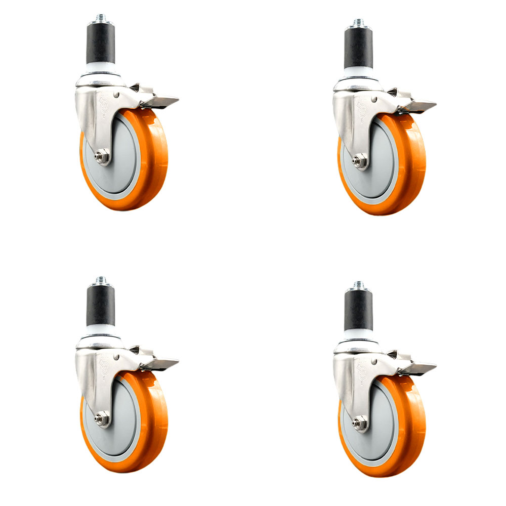 Polyurethane Swivel Stem Caster with 5 in. Orange Caster Wheels, 1.63 in. Expanding Stems - 316 Stainless Steel Casters - Set of 4