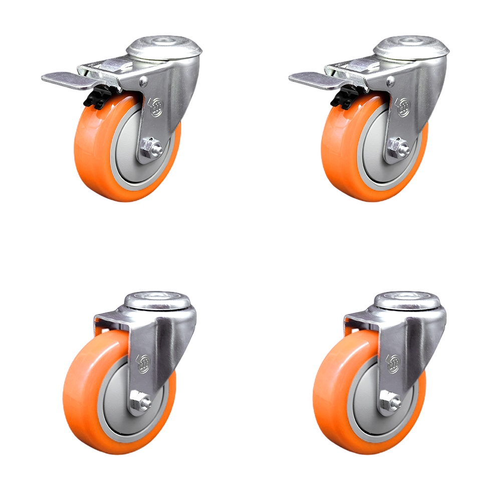 SCC-SSBHTTL20S414-PPUB-ORG-2-S-2 Stainless Steel Polyurethane Swivel Bolt Hole Caster with 4 x 1.25 in. Orange Wheels - Set of 4