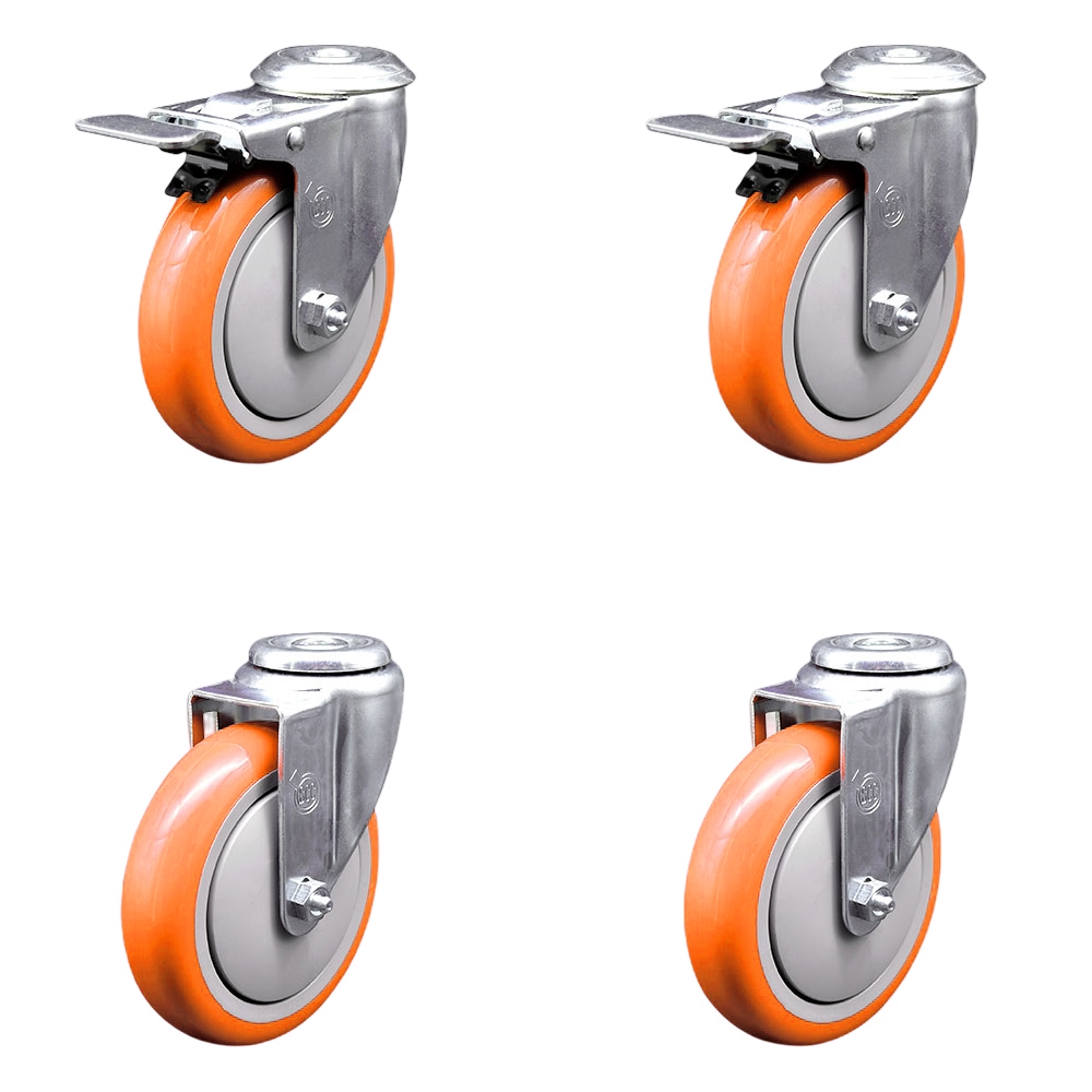 SCC-SSBHTTL20S514-PPUB-ORG-2-S-2 Stainless Steel Polyurethane Swivel Bolt Hole Caster with 5 x 1.25 in. Orange Wheels - Set of 4