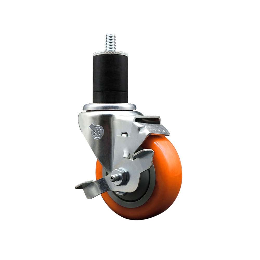 Stainless Steel Polyurethane Expanding Stem Swivel Caster with 3.5 in. Orange Wheel & 1.75 in. Stem & Top Locking Brake