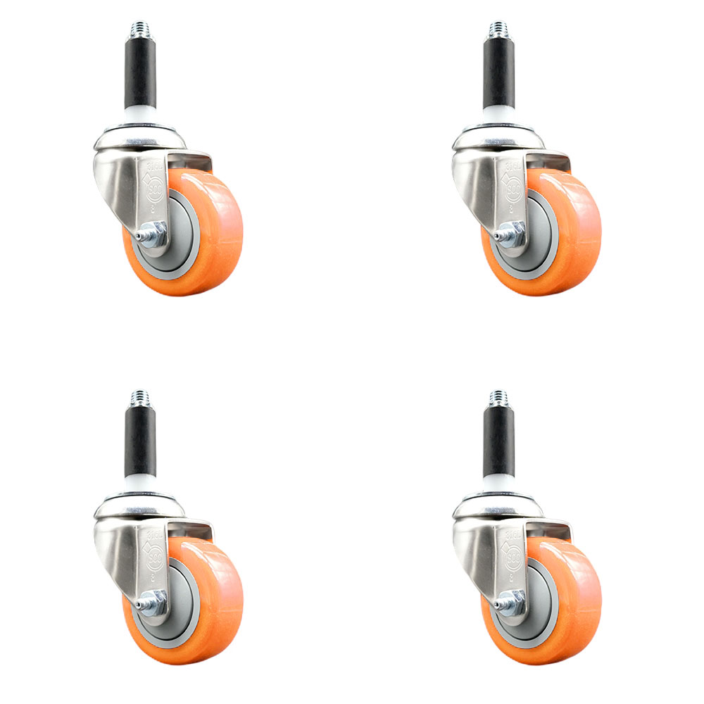 Polyurethane Swivel Stem Caster with 3 in. Orange Caster Wheels, 0.87 in. Expanding Stems - 316 Stainless Steel Casters - Set of 4