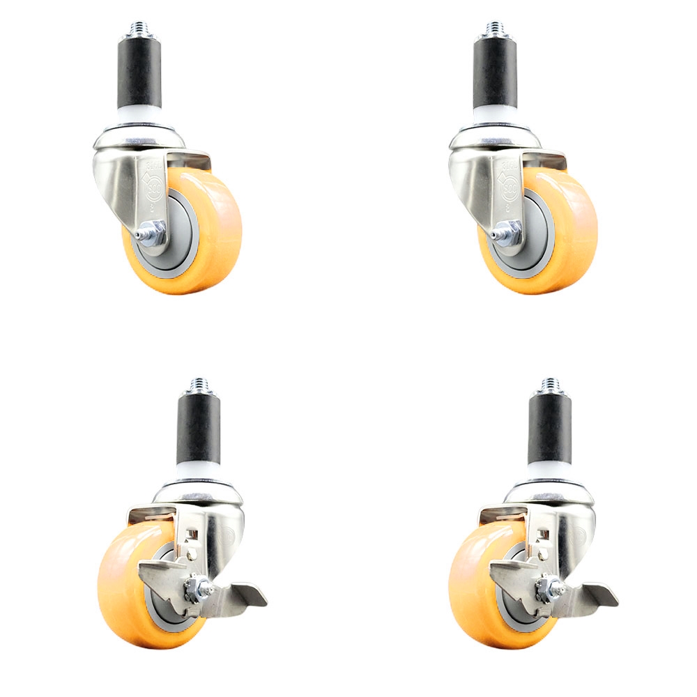 Polyurethane Swivel Stem Caster with 3 in. Yellow Caster Wheels, 1.38 in. Expanding Stems - 316 Stainless Steel Casters - Set of 4