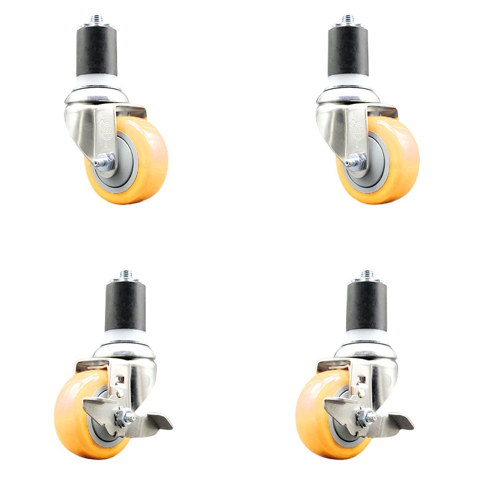 Polyurethane Swivel Stem Caster with 3 in. Yellow Caster Wheels, 1.87 in. Expanding Stems - 316 Stainless Steel Casters - Set of 4