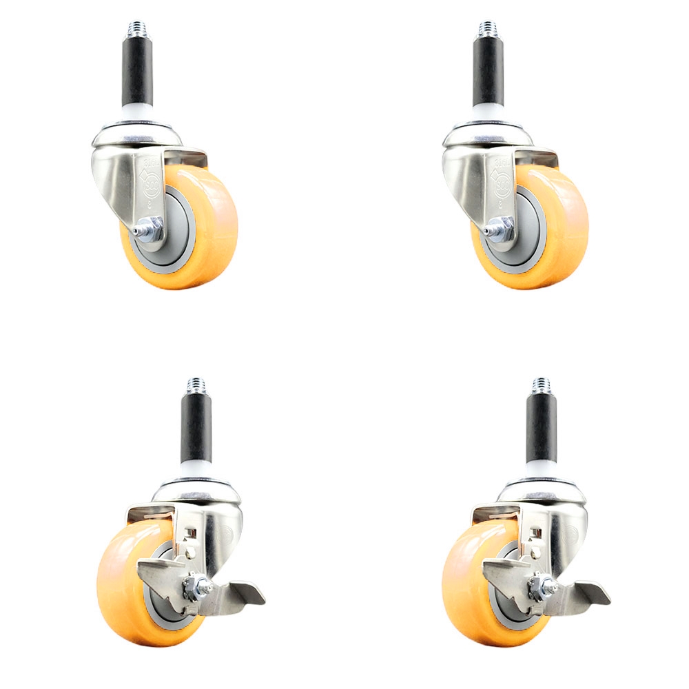Polyurethane Swivel Stem Caster with 3 in. Yellow Caster Wheels, 0.87 in. Expanding Stems - 316 Stainless Steel Casters - Set of 4