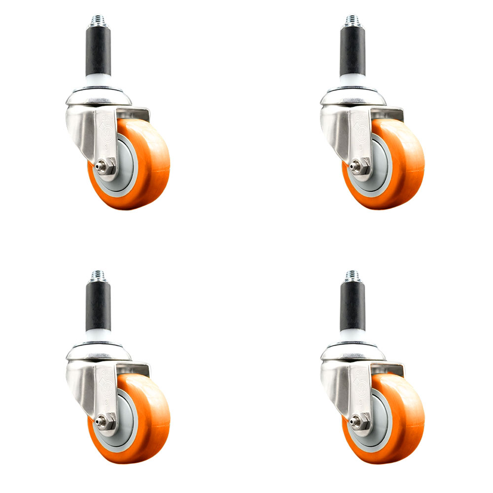 Polyurethane Swivel Stem Caster with 3.5 in. Orange Caster Wheels, 1 in. Expanding Stems - 316 Stainless Steel Casters - Set of 4