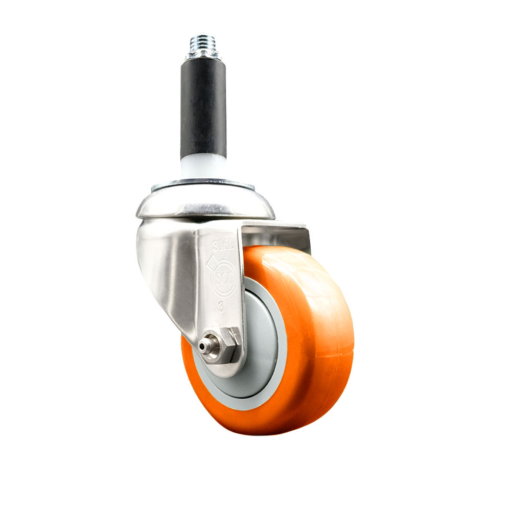 Polyurethane Swivel Stem Caster with 3.5 in. Orange Caster Wheels, 0.75 in. Expanding Stem - 316 Stainless Steel Caster
