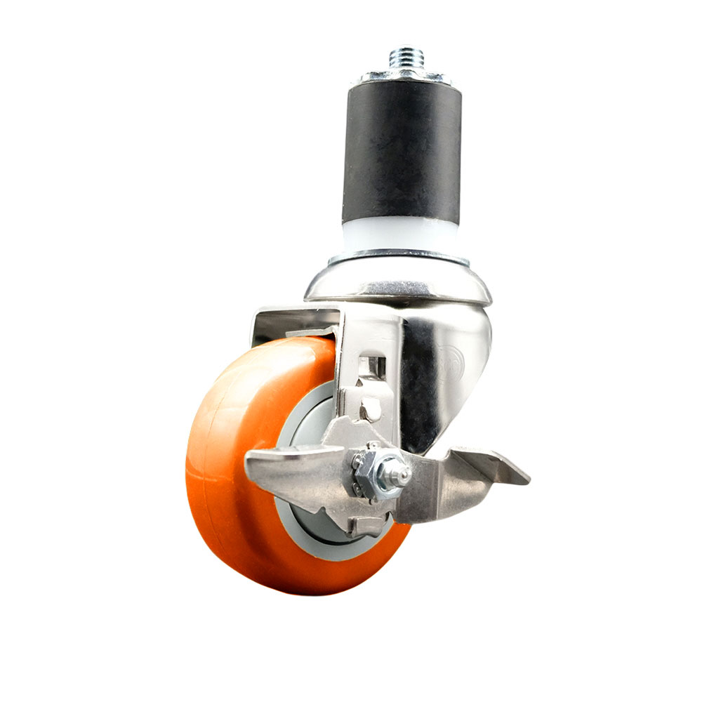 Polyurethane Swivel Stem Caster with 3.5 in. Orange Caster Wheels & Top Lock Brake, 1.75 in. Expanding Stem - 316 Stainless Steel Caster