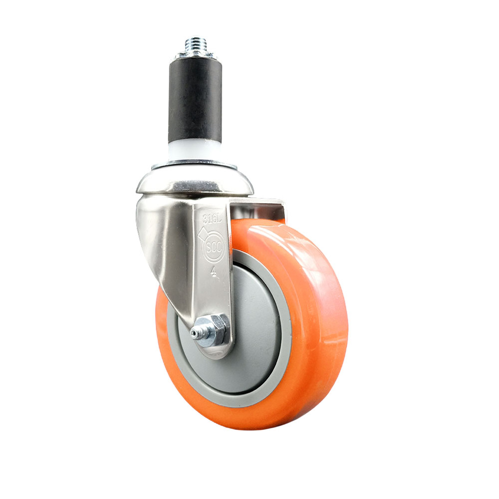 Polyurethane Swivel Stem Caster with 4 in. Orange Caster Wheels, 1.25 in. Expanding Stem - 316 Stainless Steel Caster