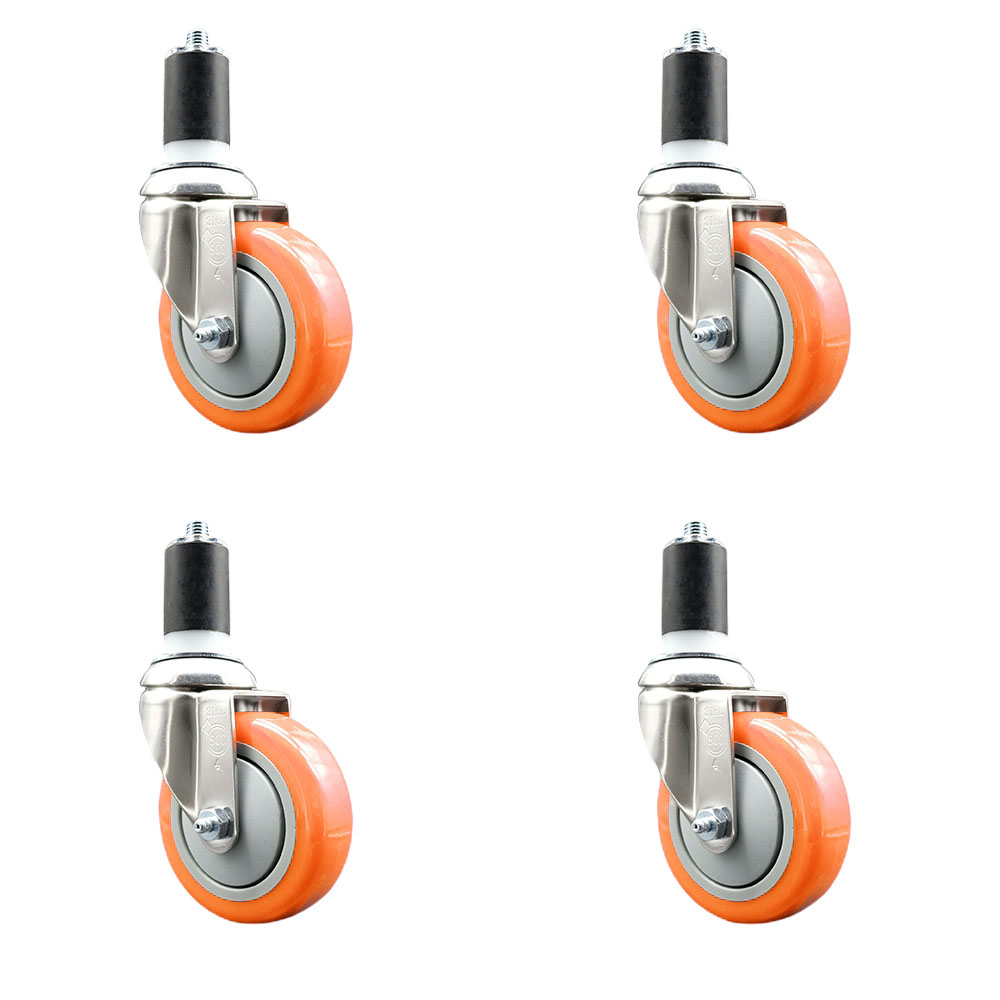 Polyurethane Swivel Stem Caster with 4 in. Orange Caster Wheels, 1.63 in. Expanding Stems - 316 Stainless Steel Casters - Set of 4