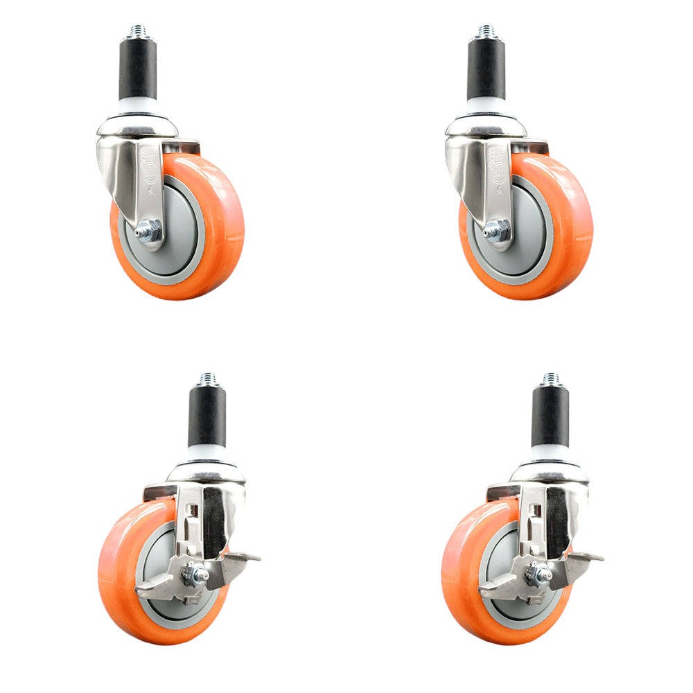 Polyurethane Swivel Stem Caster with 4 in. Orange Caster Wheels, 1.38 in. Expanding Stems - 316 Stainless Steel Casters - Set of 4