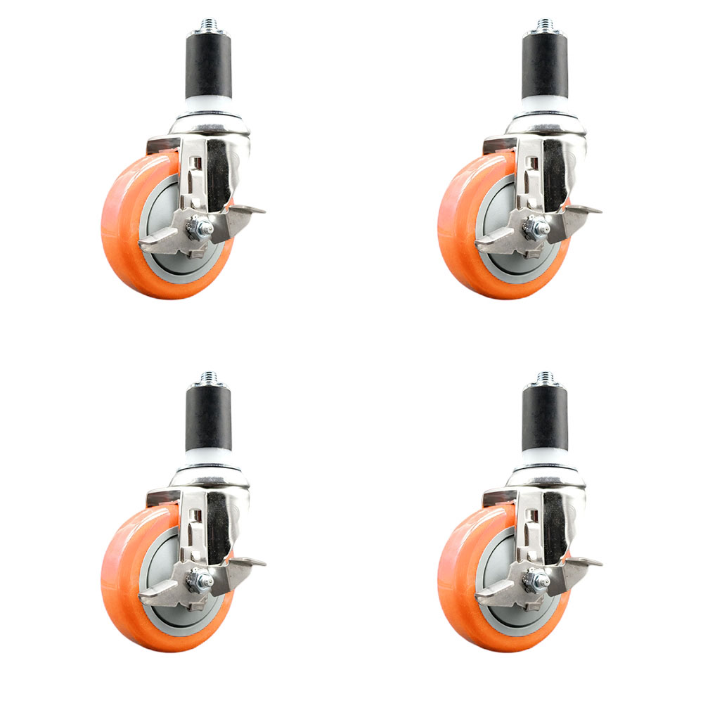 Polyurethane Swivel Stem Caster with 4 in. Orange Caster Wheels, 1.5 in. Expanding Stems - 316 Stainless Steel Casters - Set of 4