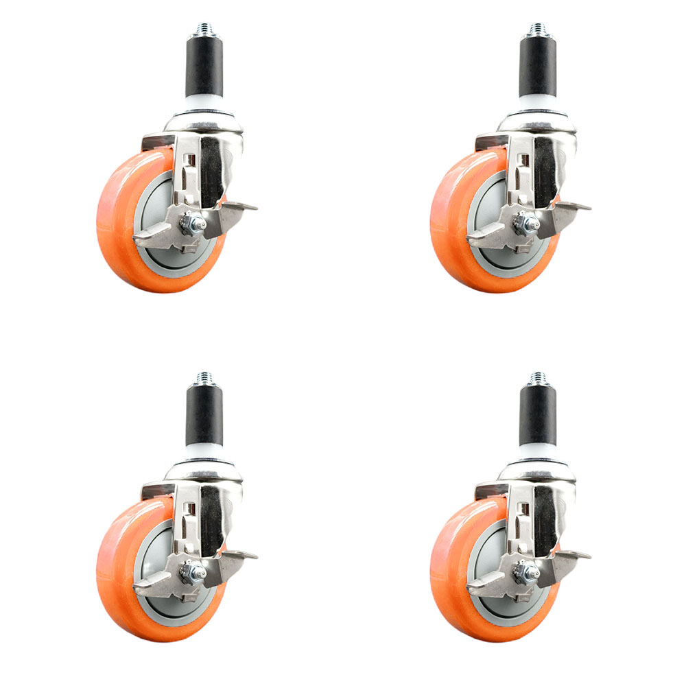 Polyurethane Swivel Stem Caster with 4 in. Orange Caster Wheels, 1.25 in. Expanding Stems - 316 Stainless Steel Casters - Set of 4