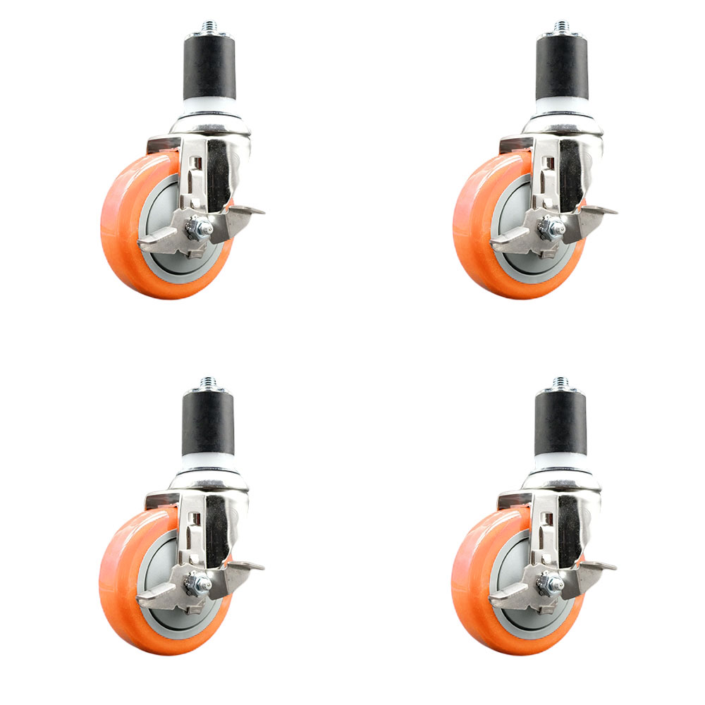 Polyurethane Swivel Stem Caster with 4 in. Orange Caster Wheels, 1.75 in. Expanding Stems - 316 Stainless Steel Casters - Set of 4