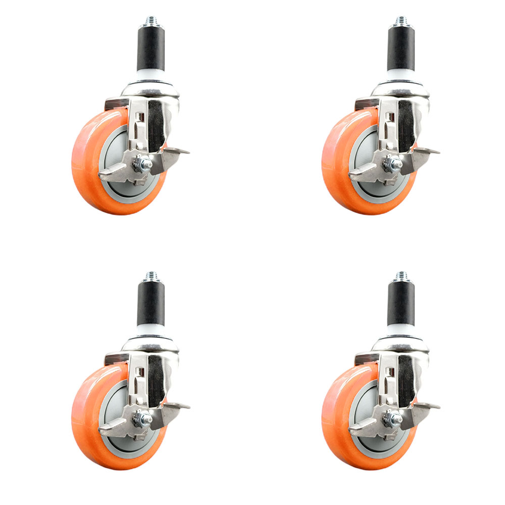Polyurethane Swivel Stem Caster with 4 in. Orange Caster Wheels, 1.38 in. Expanding Stems - 316 Stainless Steel Casters - Set of 4