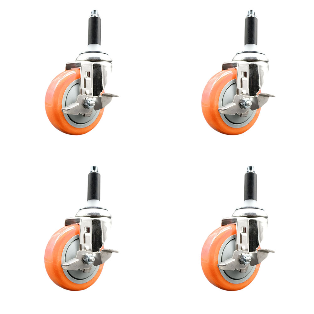 Polyurethane Swivel Stem Caster with 4 in. Orange Caster Wheels, 0.75 in. Expanding Stems - 316 Stainless Steel Casters - Set of 4